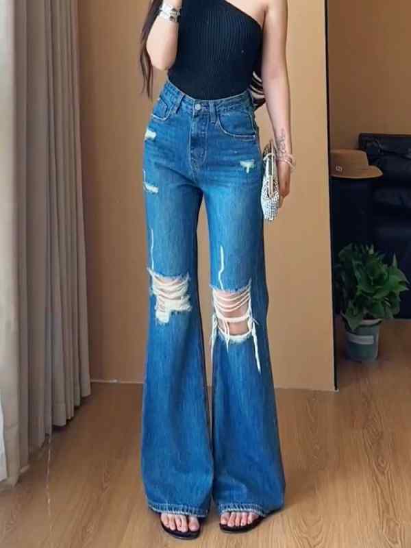 レディース ファッション 服 オシャレ カワイイ シンプル 大人カワイイ 大きいサイズ 秋 ブルー リップドブ ラッシュ ジーンズ スリムフィット フレア パンツ ハイウエスト パンツ｜リコット