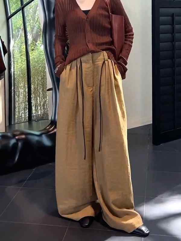 レディース ファッション 服 オシャレ カワイイ シンプル 大人カワイイ 大きいサイズ カバー 秋 ゆったり ワイド レッグ パンツ ハイウエスト 薄手 ロング パンツ黄色