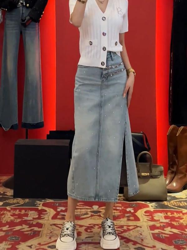 レディース 流行り物 服 オシャレ カワイイ  分かりやすい 成年者カワイイ 気が大きい大きさ   韓国 表現スタイル 御機嫌酉の方角 細長い切口 引っ切り無い ジーンズ スコート 秋 か細い ロング スコート 今めかしい