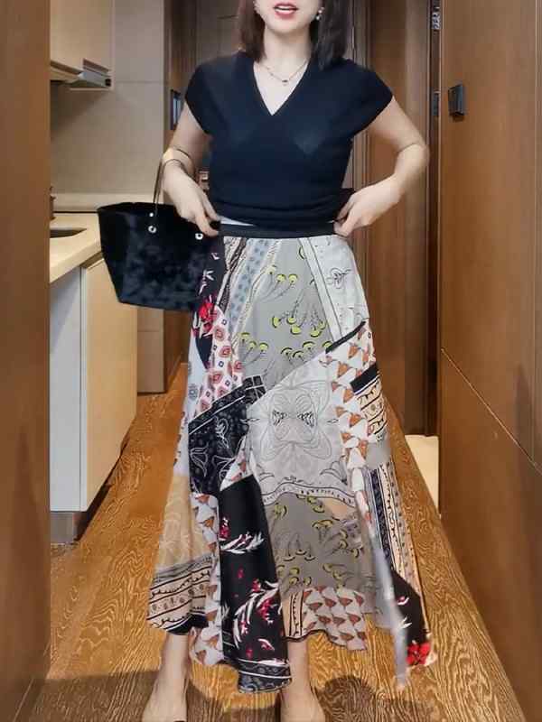 レディース ファッション 服 オシャレ カワイイ シンプル 大人カワイイ 大きいサイズ プリント イレギュラーヘム Aライン スカート 秋 ハイウエスト 薄手