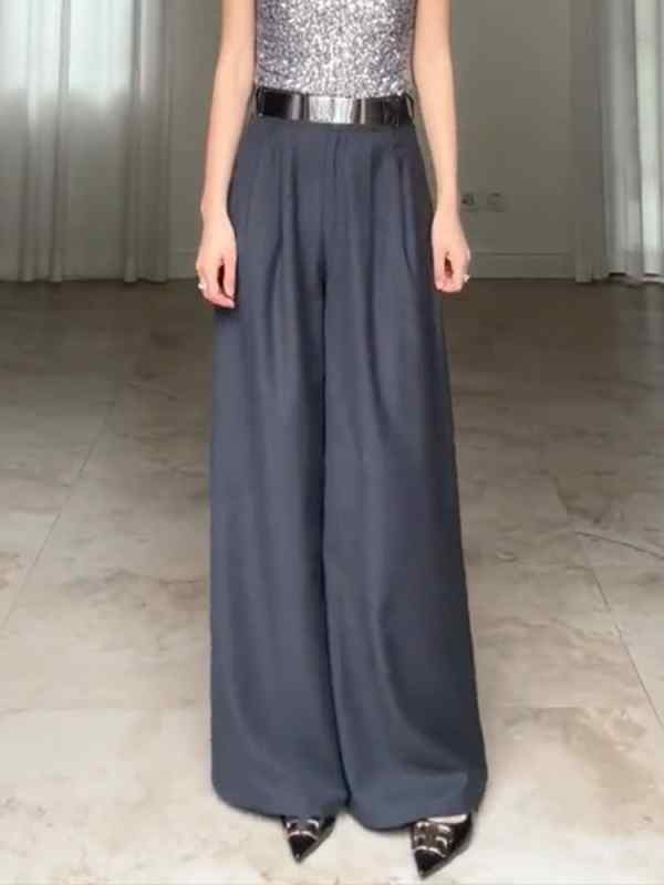 レディース ファッション 服 オシャレ カワイイ シンプル 大人カワイイ 大きいサイズ ハイウエスト グレー 薄手 通勤 スーツ ズボン 秋 ゆったり ワイド レッグ パンツ