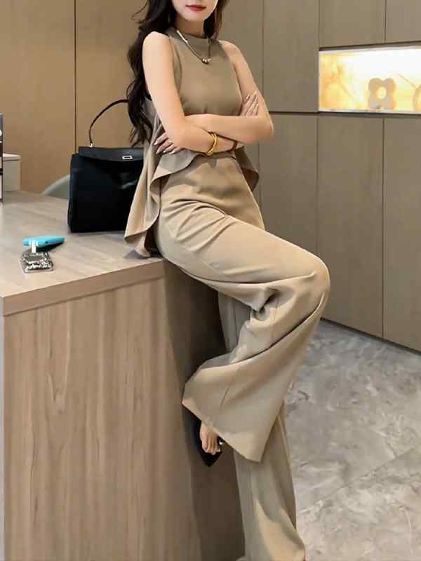 レディース ファッション 服 オシャレ カワイイ シンプル 大人カワイイ 大きいサイズ ノースリーブホルター ネック ジャンプ スーツ 秋 ハイウエスト 薄手 ロング パンツ ワイド レッグ