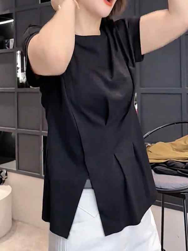 レディース 流行り物 服 オシャレ カワイイ  分かりやすい 成年者カワイイ 大層らしい大きさ  アメリカン 黒いこと ラウンドのど首 細長い切口 筋目 半袖 T プルオーバー 秋 か細い トップス