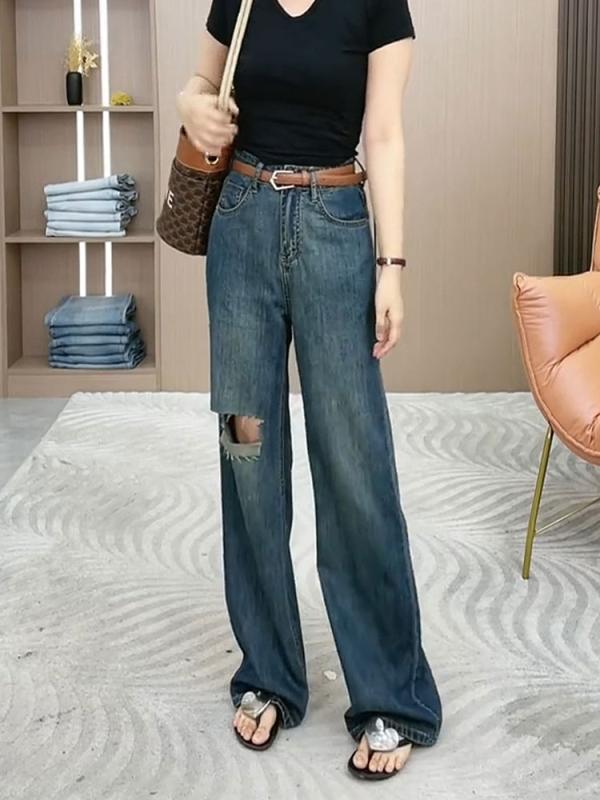 秋 ハイウエスト ブルー リップド ジーンズ ストレート スリム ワイド レッグ パンツ｜リコット