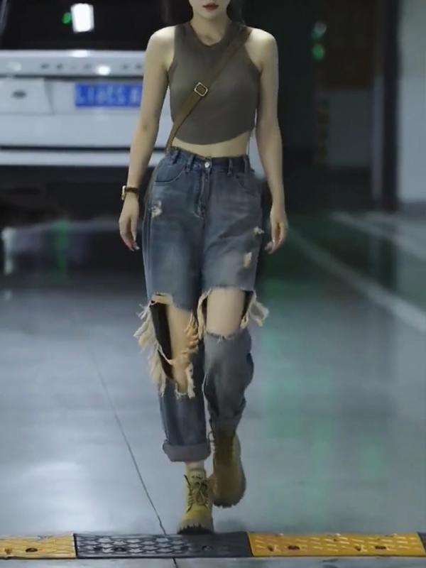 レディース ファッション 服 オシャレ カワイイ シンプル 大人カワイイ 大きいサイズ リップド ジーンズ 秋 パンツ ハイウエスト カジュアル