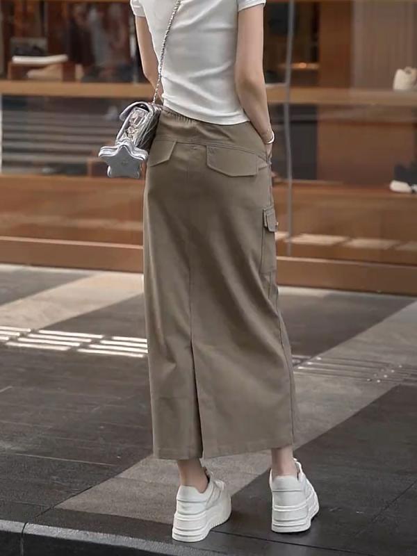 レディース ファッション 服 オシャレ カワイイ シンプル 大人カワイイ 大きいサイズ 無地 ハイウエスト スリット ポケット ワークウェア スカート 秋 Aライン バッグ ｜リコット