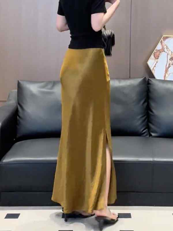 レディース ファッション 服 オシャレ カワイイ シンプル 大人カワイイ 大きいサイズ ハイエンド サテン ハイウエスト ストレート スリット ドレープスカート 秋 スリム ミドル丈 スカート