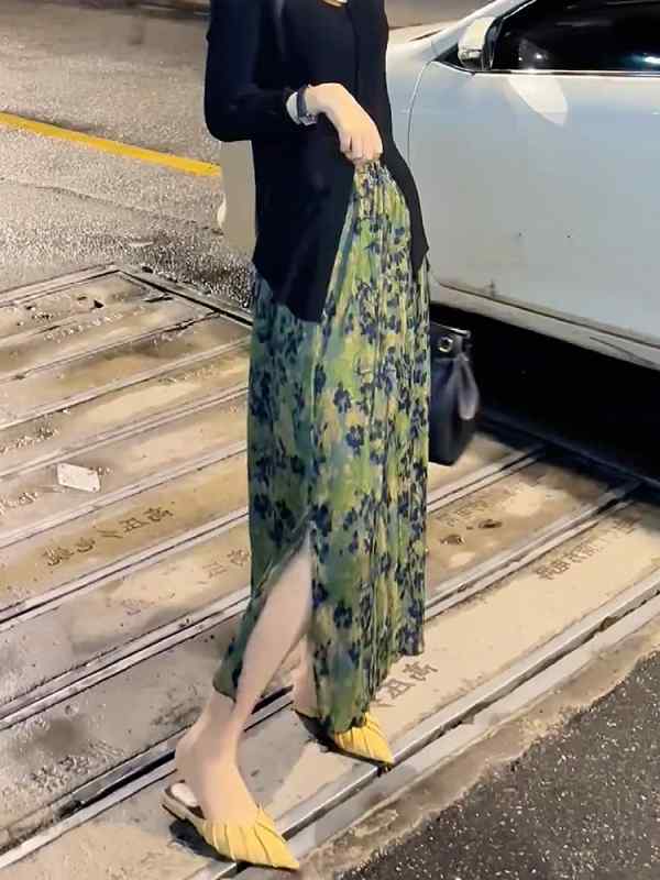 レディース ファッション 服 オシャレ カワイイ シンプル 大人カワイイ 大きいサイズ 花柄 スリットスカート 秋 ストレッチ スリム グリーン Aライン スカート ミドル丈