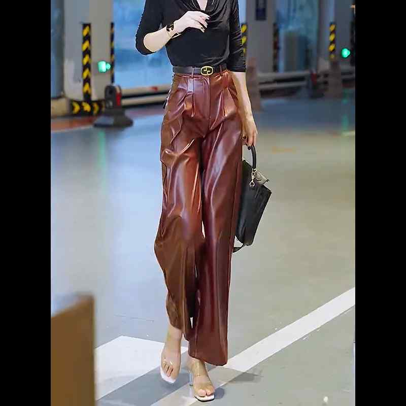 レディース ファッション 服 オシャレ カワイイ シンプル 大人カワイイ 大きいサイズ 秋 赤 エコ レザー パンツ ゆったり ワイド レッグ パンツ ハイウエスト カジュアル