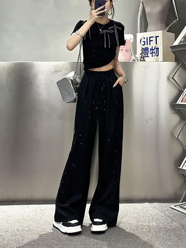 レディース ファッション 服 オシャレ カワイイ シンプル 大人カワイイ 大きいサイズ アメリカン ブラック ハイウエスト プリーツ ストレート ワイド レッグ カジュアル パンツ 秋 スリミング