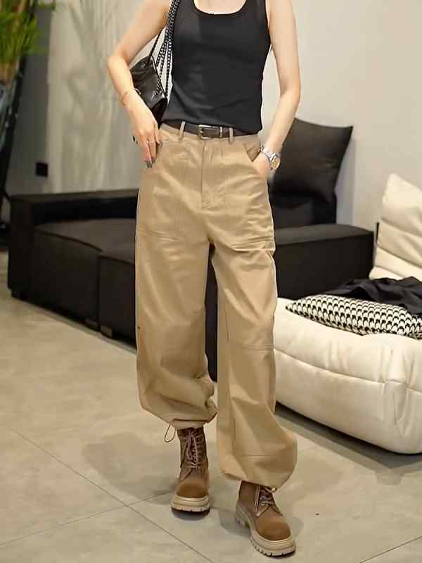レディース ファッション 服 オシャレ カワイイ シンプル 大人カワイイ 大きいサイズ 秋 カーキ色 アメリカン ハイウエスト 薄手 カジュアル パンツ ワイド レッグ｜リコット