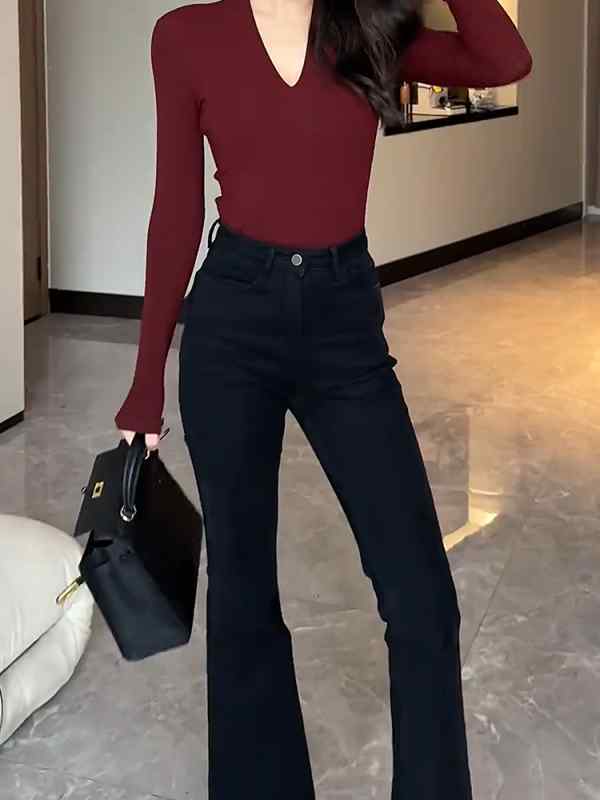 レディース ファッション 服 オシャレ カワイイ シンプル 大人カワイイ 大きいサイズ アメリカン ハイウエスト ストレート レッグ ロー エッジ フレア ジーンズ 秋 スリムフィット ロング パンツ