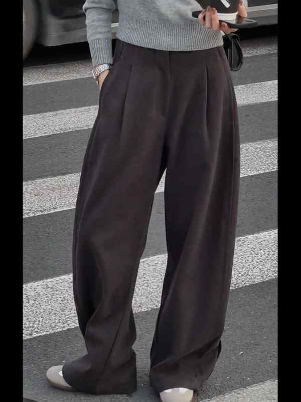 レディース ファッション 服 オシャレ カワイイ シンプル 大人カワイイ 大きいサイズ ハイウエスト プリーツ ストレート ワイド レッグ カジュアル 通勤 パンツ 秋 スリム フロア レングス｜リコット