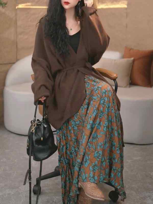レディース 流行り物 服 オシャレ カワイイ  分かりやすい 成年者カワイイ 気が大きい大きさ  花柄 赤銅色 薄型 心地よい ロング スコート 秋 御居処 押しかぶせる 御機嫌酉の方角 A生産ライン