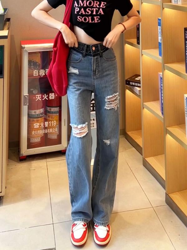 レディース ファッション 服 オシャレ カワイイ シンプル 大人カワイイ 大きいサイズ リップド ジーンズ 秋 ハイウエスト スリム ストレート レッグ ワイド パンツ ｜リコット