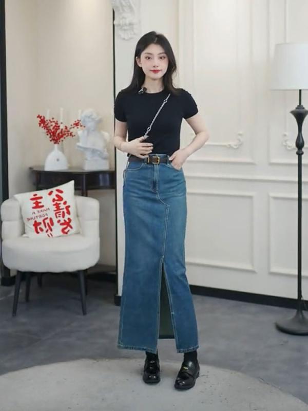 レディース ファッション 服 オシャレ カワイイ シンプル 大人カワイイ 大きいサイズ ハイウエスト ストレート スリット デニム スカート 秋 スリムフィット ミドル丈 スカート シック