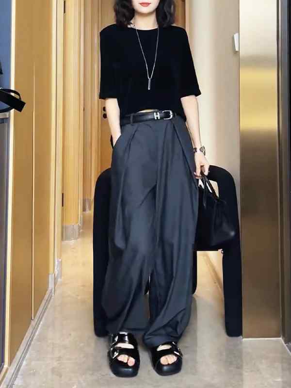 レディース ファッション 服 オシャレ カワイイ シンプル 大人カワイイ 大きいサイズ ダーク グレー プリーツ スーツ パンツ 秋 ハイウエスト ロング パンツ ワイド レッグ