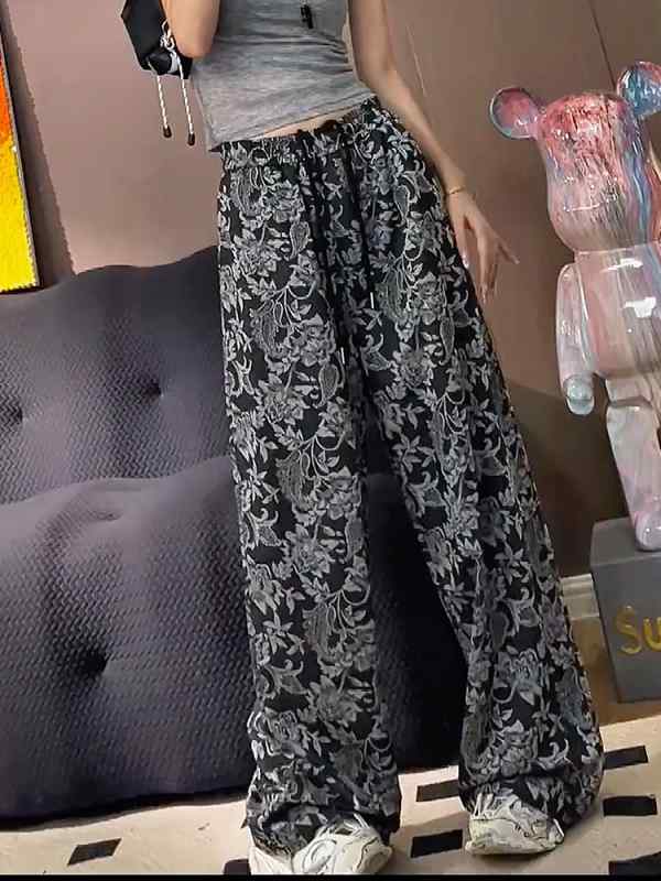 レディース ファッション 服 オシャレ カワイイ シンプル 大人カワイイ 大きいサイズ ハイウエスト プリント ストレート ワイド レッグ カジュアル パンツ 秋 スリミング｜リコット