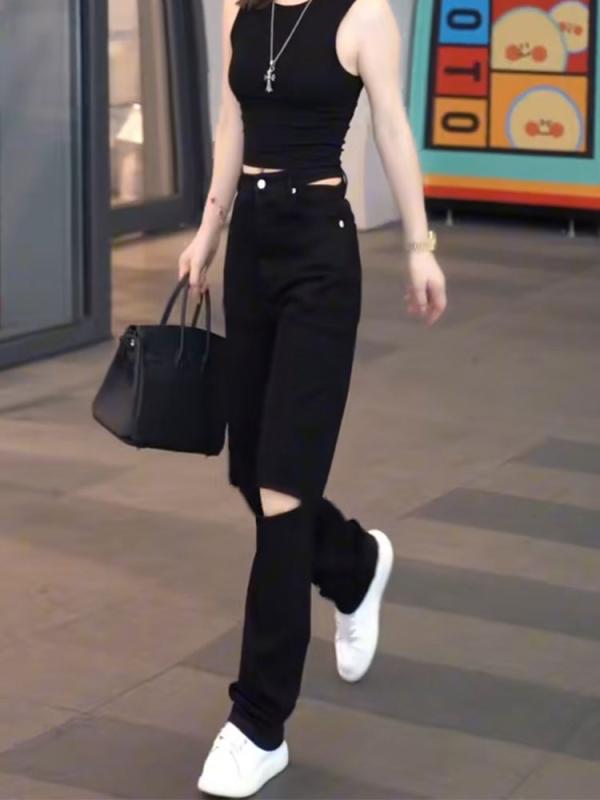 レディース 流行り物 服 オシャレ カワイイ  分かりやすい 成年者カワイイ 気が大きい大きさ  ブラッ クリップド デニム 秋 表どおり 引っ切り無い ナロー 広広とした レッグ ズボン下