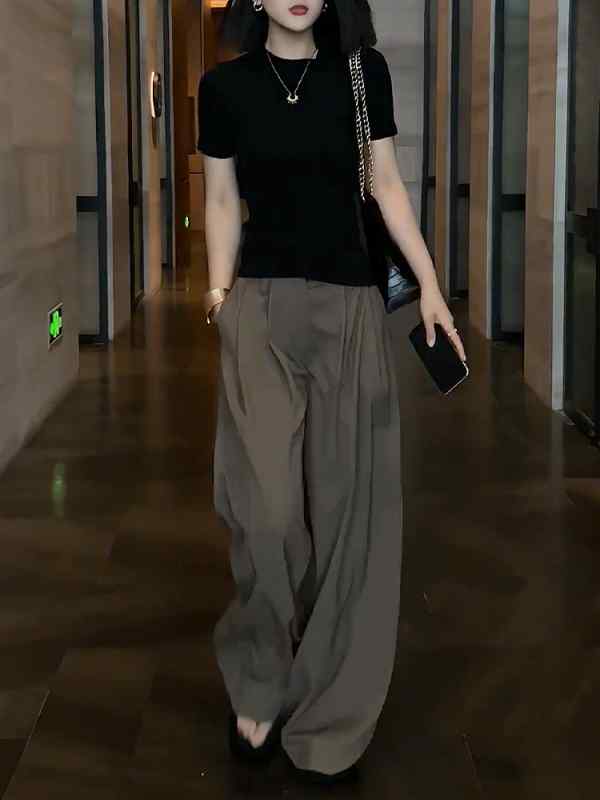 レディース ファッション 服 オシャレ カワイイ シンプル 大人カワイイ 大きいサイズ ゆったり ワイド レッグ パンツ 秋 ハイウエスト ロング パンツブラウン カジュアル