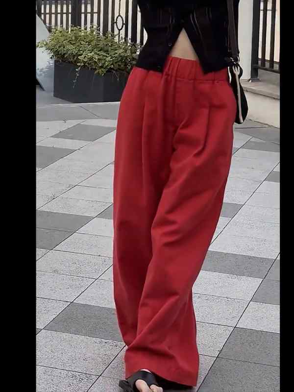 レディース ファッション 服 オシャレ カワイイ シンプル 大人カワイイ 大きいサイズ 秋 プリーツ 赤 ゆったり スリム ワイド レッグ カジュアル パンツ