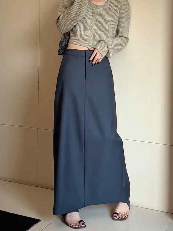 レディース ファッション 服 オシャレ カワイイ シンプル 大人カワイイ 大きいサイズ 通勤 グレー スーツ スカート 秋 ハイウエスト 薄手 ロング ヒップ カバー Aライン
