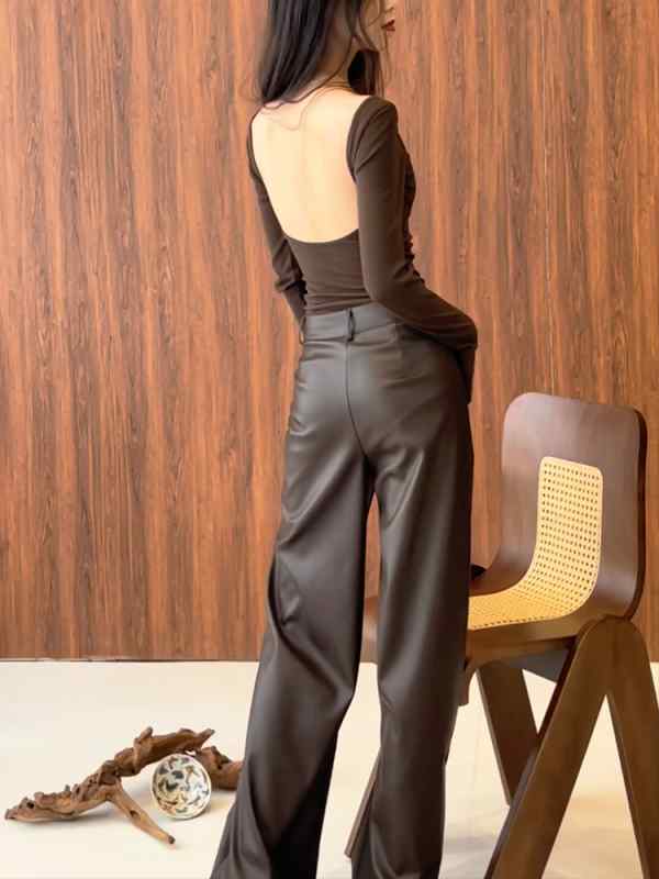 レディース ファッション 服 オシャレ カワイイ シンプル 大人カワイイ 大きいサイズ 茶色 快適 エコ レザー パンツ 秋 ハイウエスト ロング パンツ ゆったり ワイド レッグ