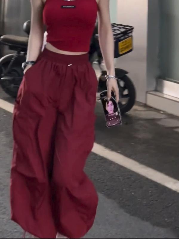 レディース ファッション 服 オシャレ カワイイ シンプル 大人カワイイ 大きいサイズ ストレッチ ウエストドローストリング レッグ バインディング レッド カジュアル パンツ 秋 ハイウエスト 九分丈 ワイド