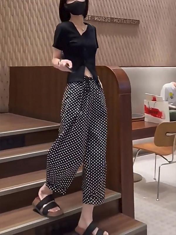 レディース 流行り物 服 オシャレ カワイイ  分かりやすい 成年者カワイイ 気が大きい大きさ   点点 心地よい ズボン下 秋 黒 白 色合い 御機嫌酉の方角 か細い 九分丈