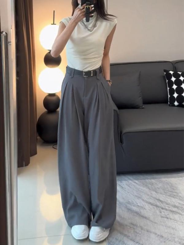 レディース ファッション 服 オシャレ カワイイ シンプル 大人カワイイ 大きいサイズ プリーツ グレー スーツ パンツ ハイウエスト ロング パンツスリミング ソリッドカラー ワイド レッグ