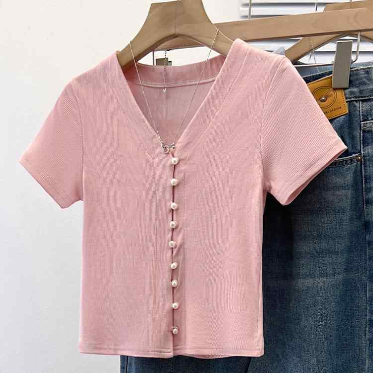 レディース ファッション 服 オシャレ カワイイ シンプル 大人カワイイ 大きいサイズ 秋 パールボタン 半袖 T シャツ トップス