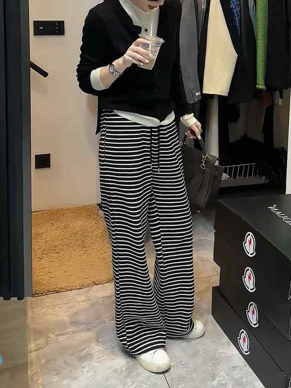 レディース ファッション 服 オシャレ カワイイ シンプル 大人カワイイ 大きいサイズ アメリカン ハイウエスト ベルト ストライプ ストレート ワイド レッグ カジュアル パンツ 秋
