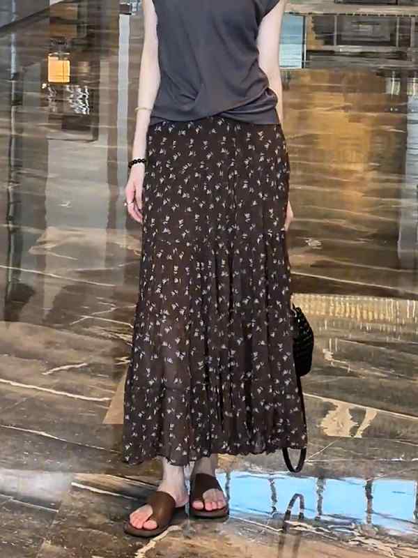 レディース ファッション 服 オシャレ カワイイ シンプル 大人カワイイ 大きいサイズ 茶 ブレイク ハイウエスト 花柄 ストレート プリーツ スカート 秋 ゆったり スリム ミドル丈 スカート