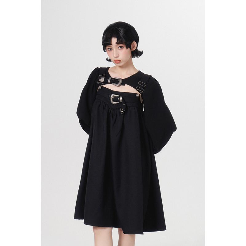 レディース ファッション 服 オシャレ カワイイ シンプル 大人カワイイ 大きいサイズ ダーク メタル ベルトバックル サスペンダー スカート 秋 ドレス |リコット