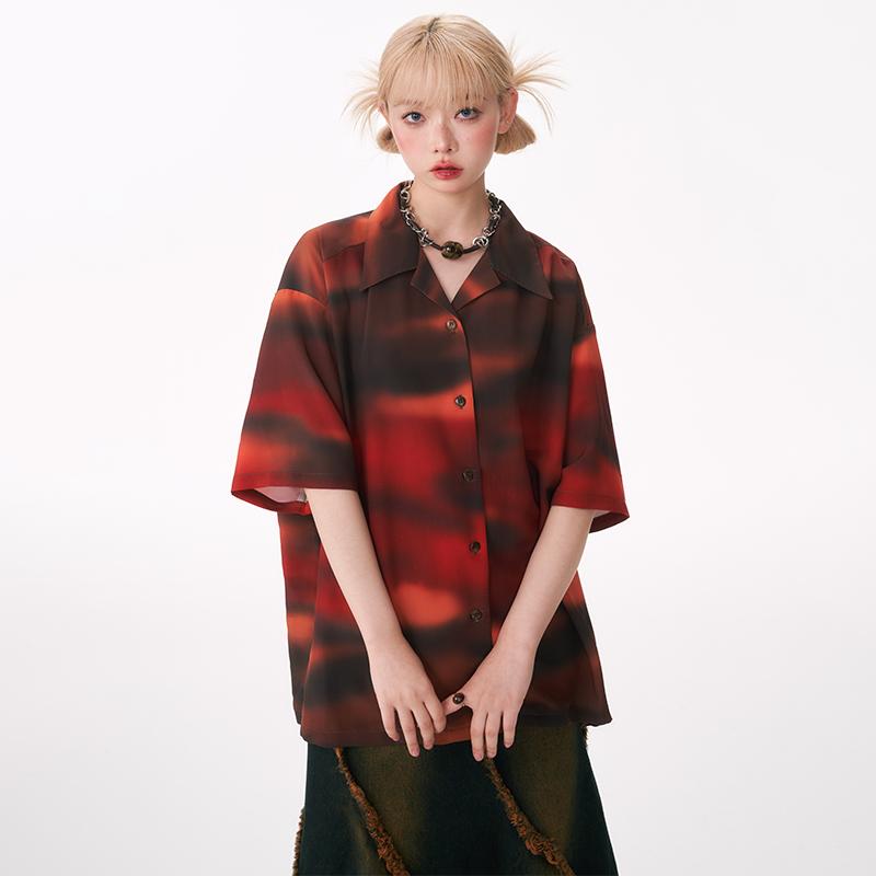 レディース ファッション 服 オシャレ カワイイ シンプル 大人カワイイ 大きいサイズ ヴィンテージ レッド グラデーション シャツ 秋 トップス
