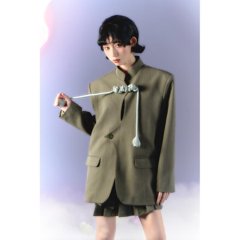 レディース 流行り物 服 オシャレ カワイイ  分かりやすい 成年者カワイイ 気が大きい大きさ   緑であること バックル 縦 縞模様 背広 秋