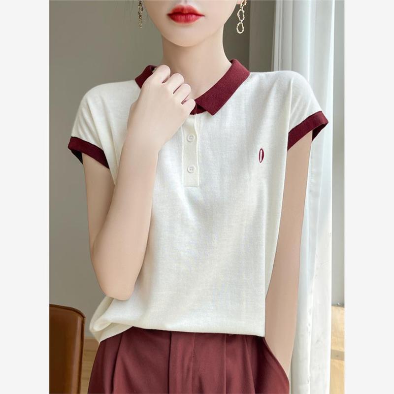 秋服 レディース ファッション オシャレ カワイイ シンプル 大人カワイイ 大きいサイズ ポロ カラー 半袖 T シャツ ブロック カジュアル トップス
