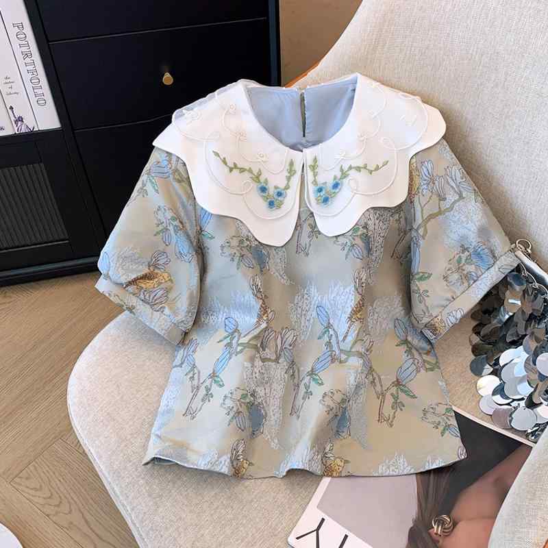 秋服 レディース ファッション オシャレ カワイイ シンプル 大人カワイイ 大きいサイズ 花 ステッチ パフスリーブ シャツ 秋 エスニック トップス