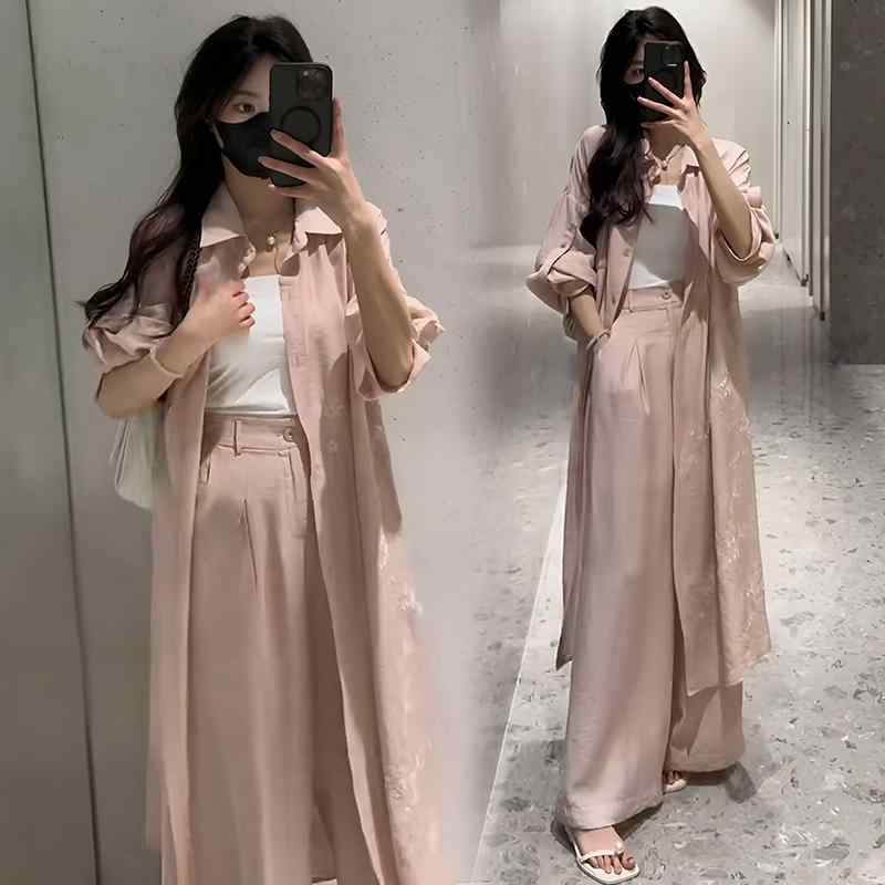 秋服 レディース ファッション オシャレ カワイイ シンプル 大人カワイイ 大きいサイズ 秋 マッチング セット ピンク カジュアル ロング シャツ ワイド レッグ パンツ |リコット
