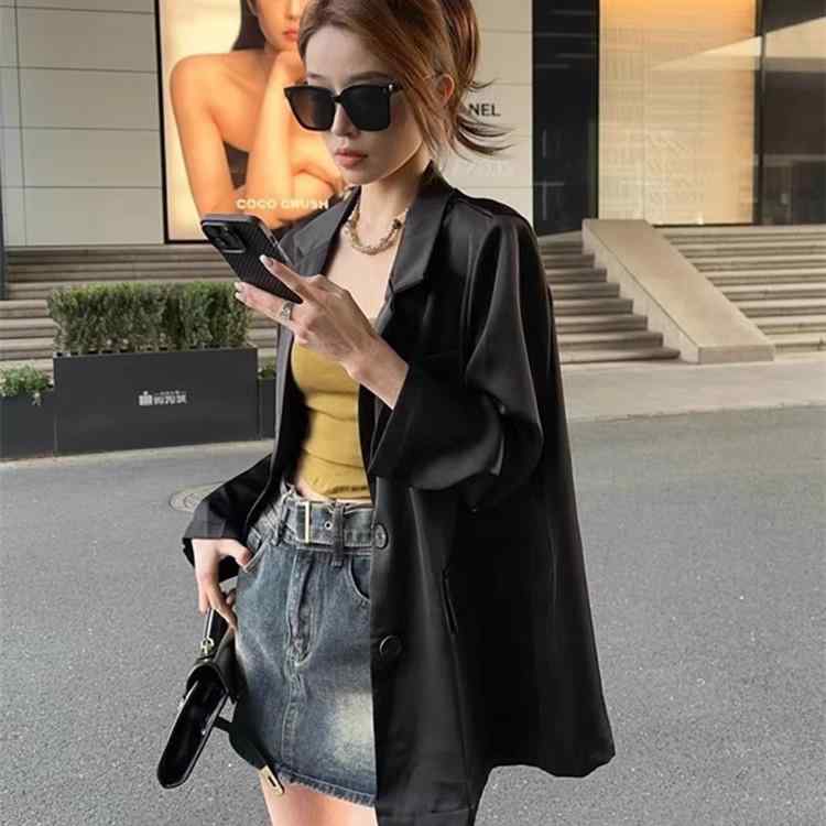 秋服 レディース ファッション オシャレ カワイイ シンプル 大人カワイイ 大きいサイズ スリム アセテート サテン スーツ ジャケット 薄手 春秋 ハイエンド トップス