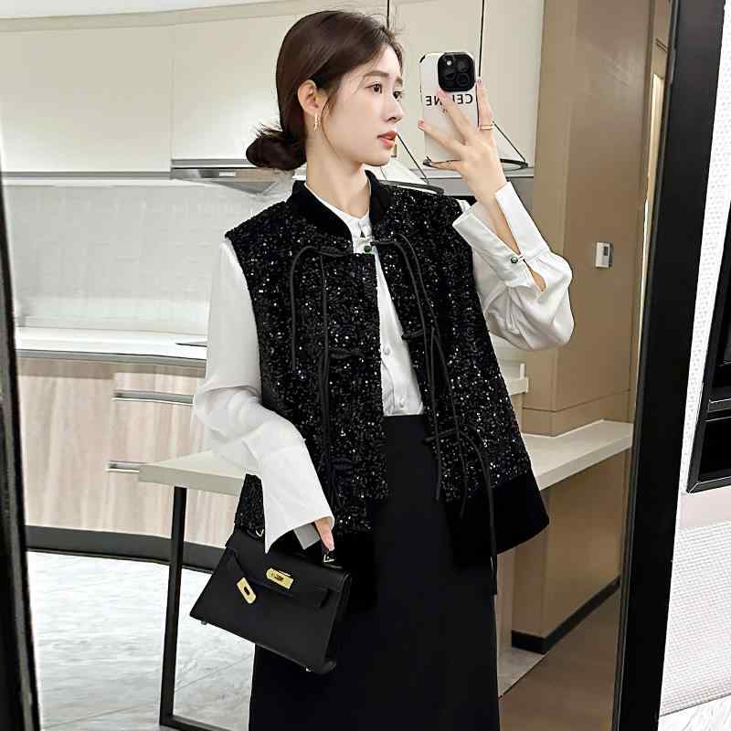 秋服 レディース 流行り物 オシャレ カワイイ  分かりやすい 成年者カワイイ 気が大きい大きさ  スパンコール 天鵝絨 より良い 一皿 名取り草 ノースリーブ より良い 黒 上衣