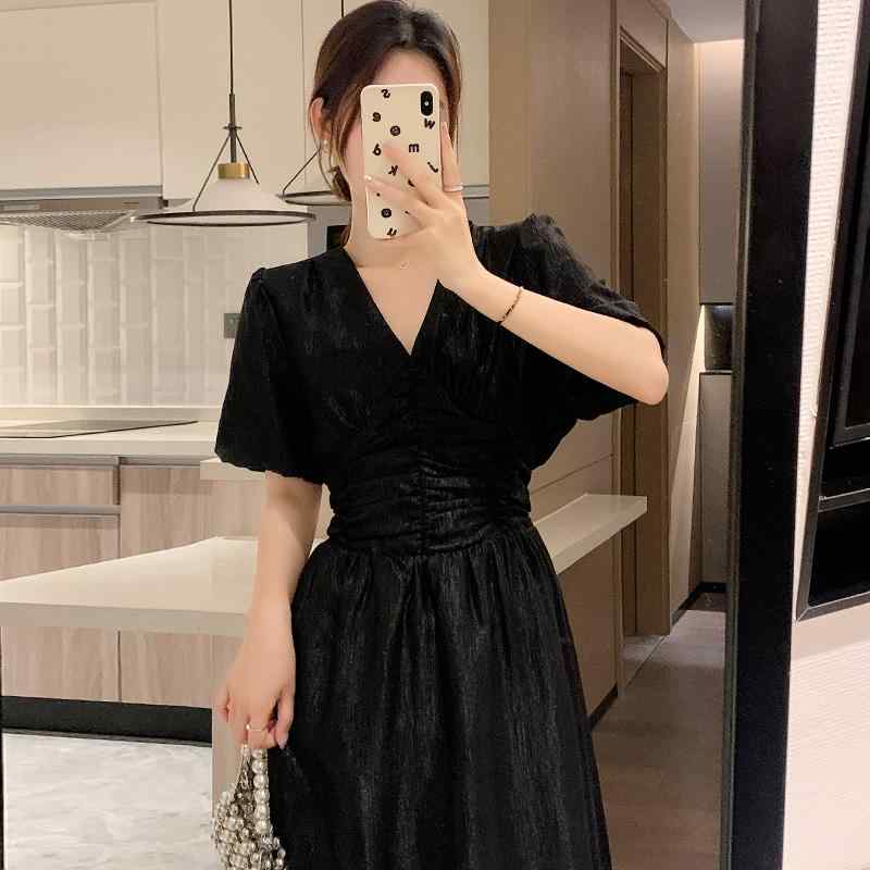 秋服 レディース ファッション オシャレ カワイイ シンプル 大人カワイイ 大きいサイズ Vネック パフスリーブ ドレス 秋 フレンチ ハイエンド ロング スカート スリム フェアリー