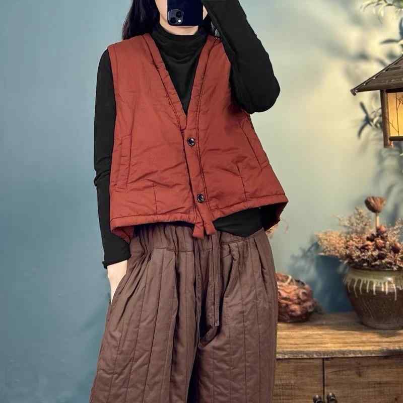 秋服 レディース ファッション オシャレ カワイイ シンプル 大人カワイイ 大きいサイズ エスニック Vネック 綿　麻 ベスト ノースリーブ キルティング チョッキ