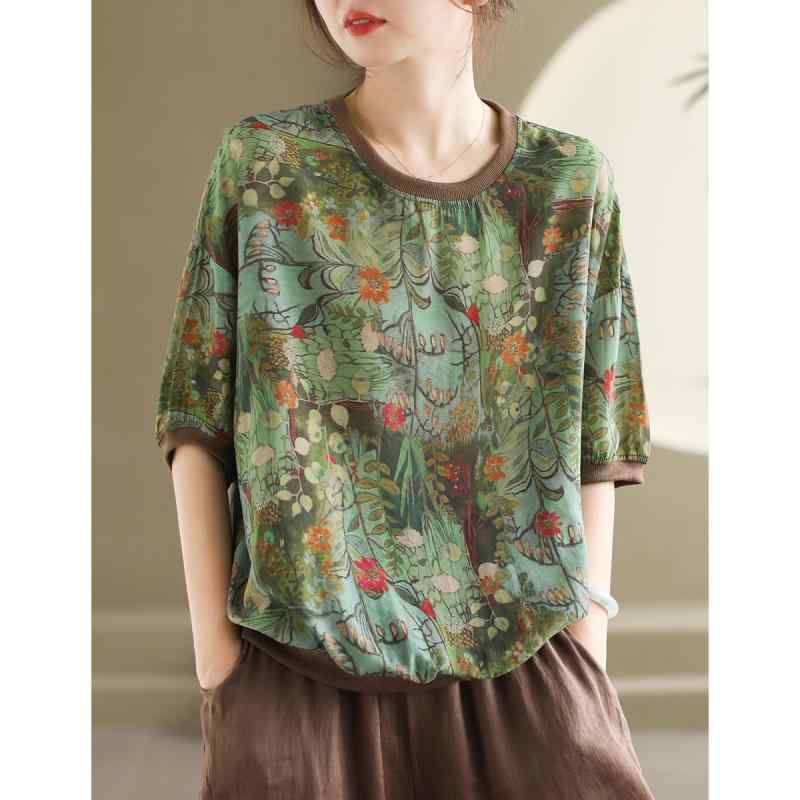秋服 レディース ファッション オシャレ カワイイ シンプル 大人カワイイ 大きいサイズ レトロ プリント 半袖 T シャツ 秋 ラウンドネック プルオーバー トップス