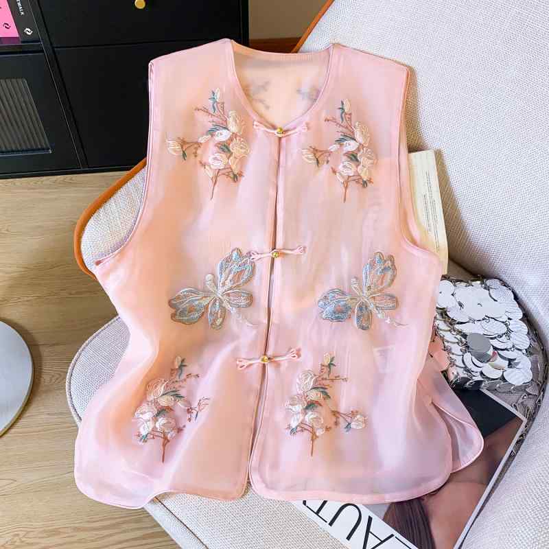 秋服 レディース ファッション オシャレ カワイイ シンプル 大人カワイイ 大きいサイズ 蝶 ピンク ベスト 秋 ビーズ プレート バックル トップス 薄手｜リコット