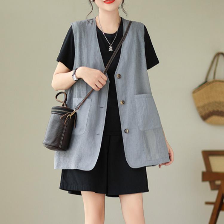 秋服 レディース ファッション オシャレ カワイイ シンプル 大人カワイイ 大きいサイズ コットンリネン ベスト ジャケット 秋 Vネック 無地 カジュアル ノースリーブ ベスト トップス