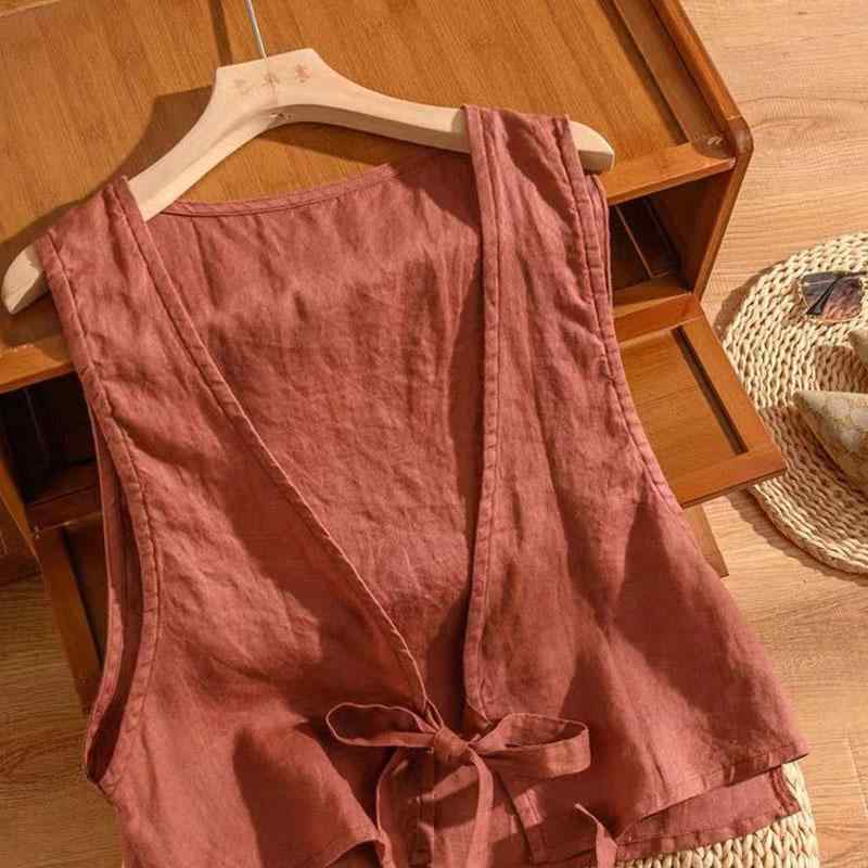 秋服 レディース ファッション オシャレ カワイイ シンプル 大人カワイイ 大きいサイズ レトロ 綿 リネン レースアップ ベスト トップス 秋 ノースリーブ コート