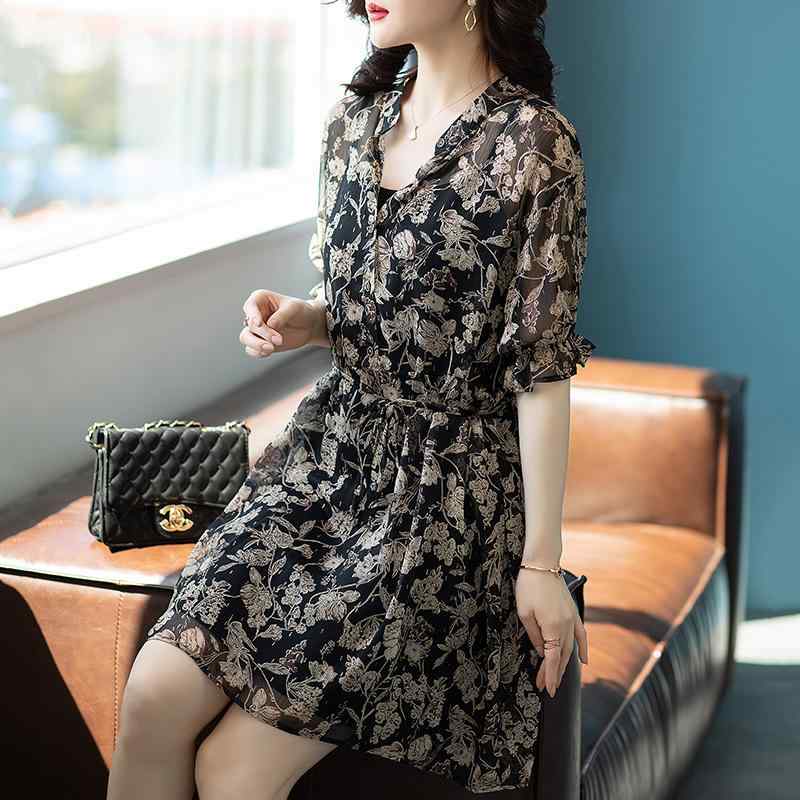 秋服 レディース ファッション オシャレ カワイイ シンプル 大人カワイイ 大きいサイズ 半袖 シフォン 花柄 ワンピース 春秋秋 Aライン ｜リコット
