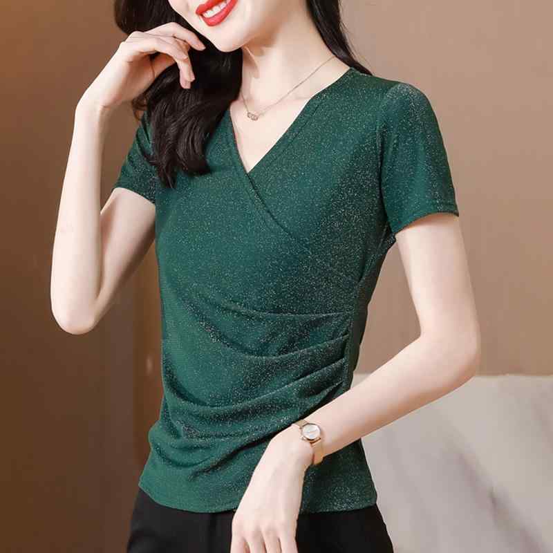 秋服 レディース ファッション オシャレ カワイイ シンプル 大人カワイイ 大きいサイズ 半袖 T シャツ 秋 Vネック スリム トップス