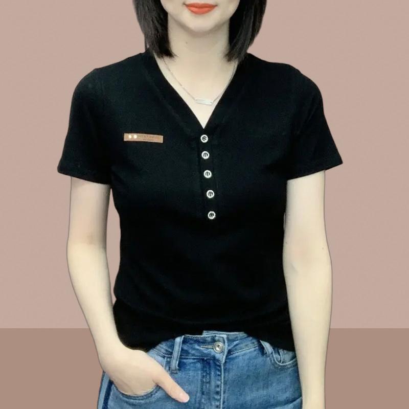 秋服 レディース ファッション オシャレ カワイイ シンプル 大人カワイイ 大きいサイズ コットン 半袖 T シャツ Vネック トップス スタイリッシュ スリムフィット スリム